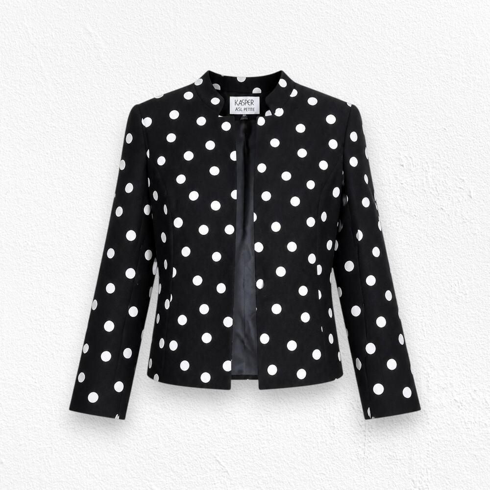 1990s Vintage Kasper Black White Polka Dot Retro Classic Blazer Jacket Size 6P